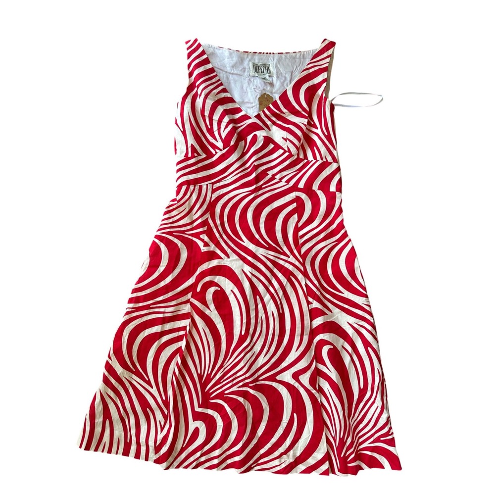Yves Cossette Depeche Mode Red White Swirl Print A-Line Dress‎ Size 6 V-Neck